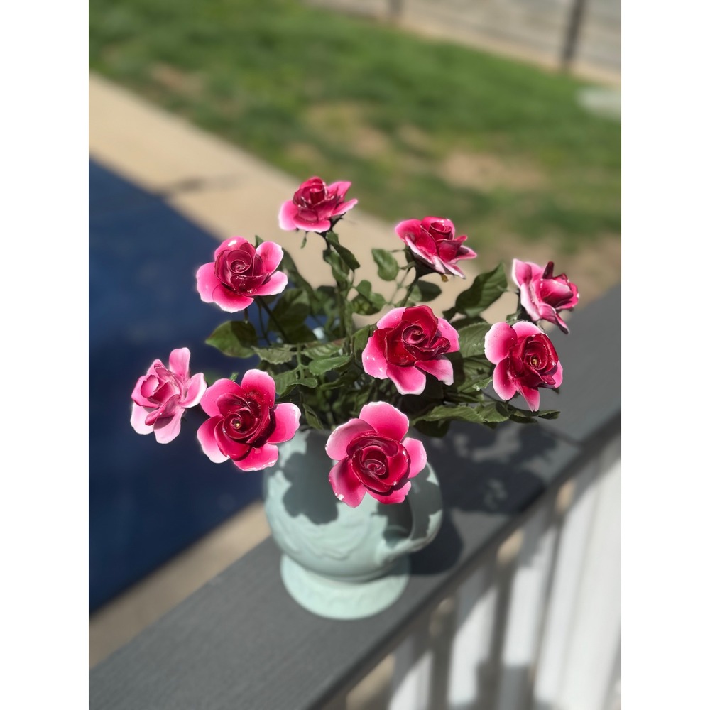 Vintage Handmade Porcelain Roses Hand Painted Pink Floral Bouquet Stems 9pc